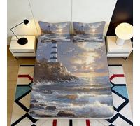 3D Printed Coastal Lighthouse Fitted Sheet Microfiber Non-Slip Deep Pocket Ocean Bedroom Bedding Full Wrap Mattress Fitted Cover for Adults Teens 140x200x25cm