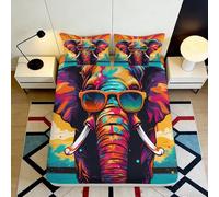 3D Printed Colorful Elephant Fitted Sheet Microfiber Soft Anti-Slip Funky Sunglasses Bed Sheet for Bedroom Guest Room Decor 160x200x25cm