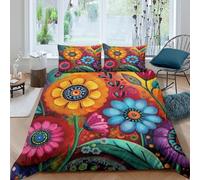 3D Printed Colorful Floral Duvet Cover Microfiber Soft Breathable Boho Art Bedding Set with 2 Pillowcases for Bedroom Decor Single（135x200cm）