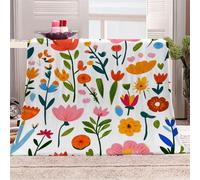 3D Printed Colorful Flowers And Green Leaves-9 Flannel Fleece Blanket （270GSM） Childlike Style Super Cozy 220x240 cm Queen Size Fade Resistant Home Decor Gift - Machine Washable
