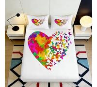 3D Printed Colorful Heart Butterfly Fitted Sheet Microfiber Deep Pocket Non-Slip Bedroom Bedding Colorful Heart Mattress Fitted Cover 180x200x25cm