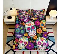 3D Printed Colorful Sugar Skull Fitted Sheet Microfiber Soft Floral Bed Cover for Bedroom Dorm Decor Protection 90x200x25cm