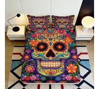 3D Printed Colorful Sugar Skull Fitted Sheet Microfiber Soft Floral Bed Cover for Bedroom Dorm Mattress Decor 90x200x25cm