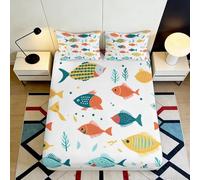 3D Printed Colourful Fish Fitted Sheet Microfiber Deep Pocket Bedroom Bedding Set Koi Mattress Fitted Cover Non-Slip Washable 120x200x25cm