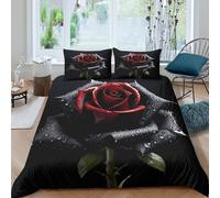 3D Printed Comfortable Microfiber Black rose Comforter Cover All Season Bedding Sets with Pillow Shams Gothic floral design Quilt Cover Easy Care Machine Washable for Teens Adults Single（135x200cm）