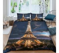 3D Printed Comfy Microfibre Eiffel Tower night Quilt Cover Sets Easy Care Bedding Set with Pillowcases Paris skyline scene Bed Quilt Cover All Season Machine Washable for Home Decor Single（135x200cm）