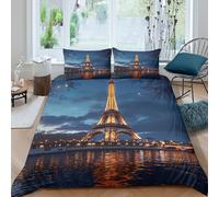 3D Printed Cosy Microfibre Paris Night Comforter Cover All Season Bedding Sets with Matching Pillowcase Eiffel Tower Quilt Cover Sets Breathable Machine Washable for Couples Single（140x200cm）