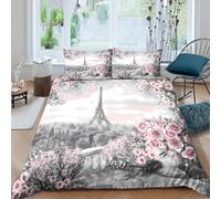 3D Printed Cosy Microfibre Paris skyline Quilt Cover Sets Easy Care Bedding Set with Matching Pillowcase Romantic rose garden Duvet Cover All Season Machine Washable for Home Decor King（220x240cm）