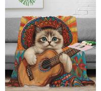 3D Printed Cute cat playing guitar Travel Blanket Microfiber Warm Soft Bedding Breathable Mexican folk art Home Blanket All Season for Campers Travellers Students Young Adults 80×90inch(200x230cm)