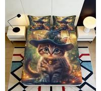 3D Printed Cute Cat Witch Fitted Sheet Microfiber Soft Mattress Cover for Bedroom Guest Room Decor Protection 90x200x25cm