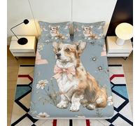 3D Printed Cute Corgi Dog Fitted Sheet Microfiber Soft Breathable Floral Pattern Bed Cover for Bedroom Dormitory Guest Room Mattress Protection 160x200x25cm