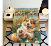 3D Printed Cute Corgi Fitted Sheet Microfiber Soft Breathable Floral Pattern Bed Cover for Bedroom Dormitory Guest Room Mattress Protection Decor 180x200x25cm
