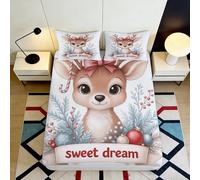 3D Printed Cute Deer Fitted Sheet Microfiber Soft Deep Pocket Bedroom Bedding Deer Mattress Fitted Cover Non-Slip Washable for Adults Teens 120x200x25cm