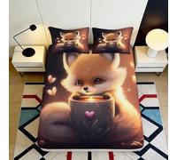 3D Printed Cute Fox Fitted Sheet Microfiber Soft Plush Coffee Cup Bed Cover for Bedroom Guest Room Decor, Easy Care, Anti-Slip 90x200x25cm