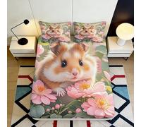 3D Printed Cute Hamster Floral Fitted Sheet Microfiber Deep Pocket Bedroom Bedding All-Around Hamster Mattress Fitted Cover Anti-Slip Washable Adults 140x200x25cm