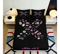 3D Printed Cute Makeup Pattern Fitted Sheet Microfiber Black Bed Cover for Bedroom Dorm Mattress Protection Decor 90x200x25cm