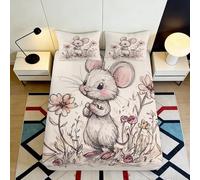 3D Printed Cute Mouse Floral Fitted Sheet Microfiber Elastic Hem All-Around Bedroom Bedding Floral Mattress Fitted Cover Washable 180x200x25cm