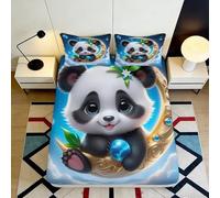 3D Printed Cute Panda Fitted Sheet Microfiber Soft Breathable Blue Cartoon Bamboo Mattress Cover for Bedroom Guest Room Easy Care 90x200x25cm