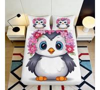 3D Printed Cute Penguin Fitted Sheet Microfiber Soft Floral Cartoon Bed Cover for Bedroom Dorm Decor Protection 90x200x25cm