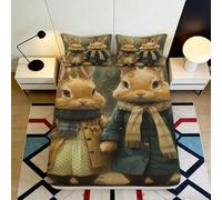 3D Printed Cute Rabbit Couple Fitted Sheet Microfiber Soft Cartoon Animal Bed Sheet for Bedroom Guest Room Decor 90x200x25cm
