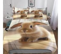 3D Printed Cute Rabbit King Size Duvet Cover Wooden Board Pattern Duvet Sets Soft Breathable Microfibre 3Pcs Bedding 230x220 with Hidden Zipper Closure and 2 Pillowcases 50x75 4138-C