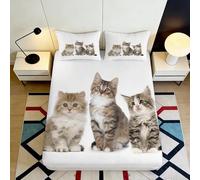 3D Printed Cute Tabby Cat Fitted Sheet Microfiber Soft Breathable Kitten Pattern Mattress Cover for Bedroom Guest Room Decor 90x200x25cm