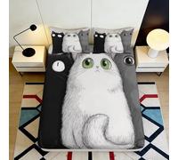 3D Printed Cute White Cat Fitted Sheet Microfiber Soft Anti-Slip Black Cartoon Animal Bed Cover for Bedroom Guest Room Decor 90x200x25cm
