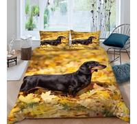 3D Printed Dachshund Double Duvet Cover Fallen Leaves Duvet Sets Soft Breathable Microfibre 3Pcs Bedding 200x200 with Hidden Zipper Closure and 2 Pillowcases 50x75 1197-C