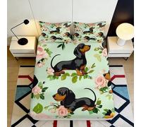3D Printed Dachshund Fitted Sheet, Microfiber soft touch, floral green, wrinkle resistant, guest room bedding, decor accent, easy machine wash, bedroom protection 90x200x25cm