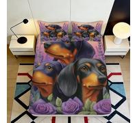 3D Printed Dachshund Fitted Sheet, Purple Floral Microfiber, soft touch, wrinkle resistant, apartment bedding decor, guest bedroom, easy care, bed cover 90x200x25cm
