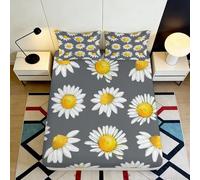 3D Printed Daisy Floral Fitted Sheet Microfiber Soft Grey Yellow Sunflower Bed Cover for Bedroom Guest Room Decor 90x200x25cm