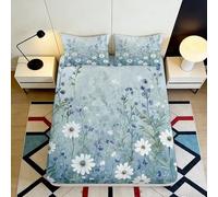 3D Printed Daisy Meadow Fitted Sheet Microfiber Soft Floral Blue Bed Cover for Bedroom Dorm Decor Mattress Protection 90x200x25cm