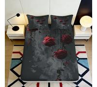 3D Printed Dark Rose Fitted Sheet Microfiber Soft Black Floral Bed Cover with Red Flower Bedroom Decor 90x200x25cm