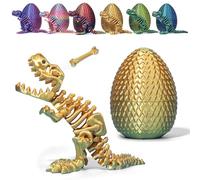 3D Printed Dinosaur Eggs with Dinosaurs Inside, Mystery Crystal Dinosaur Flexible Rex Toys with Bone, Full Articulated Fidget Dragon, Home Office Desk Decor Gift for Adult (Gold)