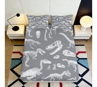 3D Printed Dinosaur Skeleton Fitted Sheet Microfiber Soft Durable Grey Bed Cover with Skulls Mattress Cover for Bedroom Dormitory Guest Room Protection Decor 160x200x25cm