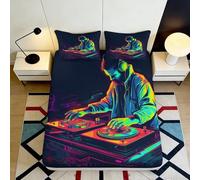 3D Printed DJ Neon Art Fitted Sheet Microfiber Deep Pocket Non-Slip Bedding Set DJ Neon Art Mattress Fitted Cover Elastic Hem Washable for Bedroom Mattress Protection 120x200x25cm