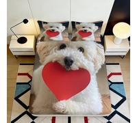 3D Printed Dog with Heart Fitted Sheet Microfiber Deep Pocket Non-Slip Dog Mattress Fitted Cover Soft Elastic Hem Bedroom Bedding for All Ages 90x200x25cm