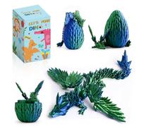 3D Printed Dragon Egg - Crystal Dragon Inside, Flying Fidget Toy With Wings, Flexible Articulated Figure Decor for Home, Office, Car, Desk (Blue)