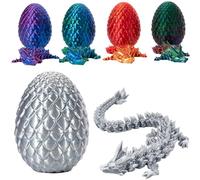 3D Printed Dragon in Egg, Full Articulated Dragon Eggs with Dragons Inside, Crystal Dragons Fidget Toys, Flexible Joints Home Executive Desk Toys, Easter Egg Hunt for Autism/ADHD (Silk Silver)
