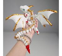 3D Printed Dragon Toys with Eyes, 3d printed dragon large, Winged Dragon, Bendable and Flexible Big Fidget (White-Gold)