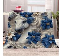 3D Printed Dream Horse Deep Blue Flowers-12 Flannel Fleece Blanket （270GSM） Elegant And Romantic Super Cozy 270x230 cm King Size Fade Resistant Home Decor Gift - Machine Washable