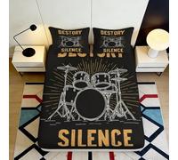 3D Printed Drum Kit Silence Fitted Sheet Microfiber Black Music Pattern Bed Cover for Bedroom Dorm Easy Care 90x200x25cm