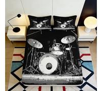3D Printed Drum Set Fitted Sheet Microfiber Black White Music Bed Cover Non Slip for Bedroom Dorm Decor 90x200x25cm