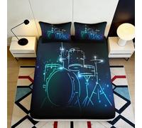 3D Printed Drum Set Fitted Sheet Microfiber Soft Artistic Neon Music Bed Cover for Bedroom Guest Room Decor 90x200x25cm