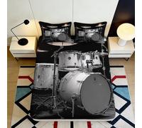 3D Printed drum set Fitted Sheet, soft touch Microfiber, wrinkle resistant, home decor, guest room bedding, easy care bed cover, black white 90x200x25cm