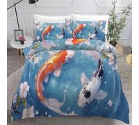 3D Printed Duvet Cover 3 Pieces Fish Bedding Set Super King with Zipper Closure and 2 Pillowcase Koi Ink Painting Soft Cosy Microfiber Reversible Quilt Cover for Teens17B31