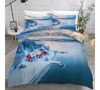 3D Printed Duvet Cover 3 Pieces Wooden House Bedding Set Double with Zipper Closure and 2 Pillowcase Snowfield Lake Soft Cosy Microfiber Reversible Quilt Cover for Kids Teens27a29