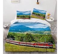 3D Printed Duvet Cover Train Landscape Microfiber Bedding Set Easy Care Cover with Zipper Closure Lightweight King Size 220x230 Bed Quilt Cover & Pillow Set for All Seasons Railway Transportation