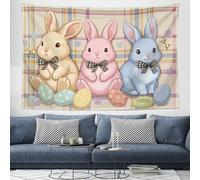 3D Printed Easter Bunny Easter Egg Tapestry, Cute Striped Plaid Tapestries Wall Hanging, Light Yellow Animals Aesthetic Tapestries Backdrop For Bedroom Living Room Dorm Office Wall Art Decor