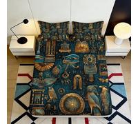 3D Printed Egyptian Hieroglyphs Fitted Sheet Microfiber Soft Gold Blue Ancient Art Mattress Cover Bedroom Decor 90x200x25cm